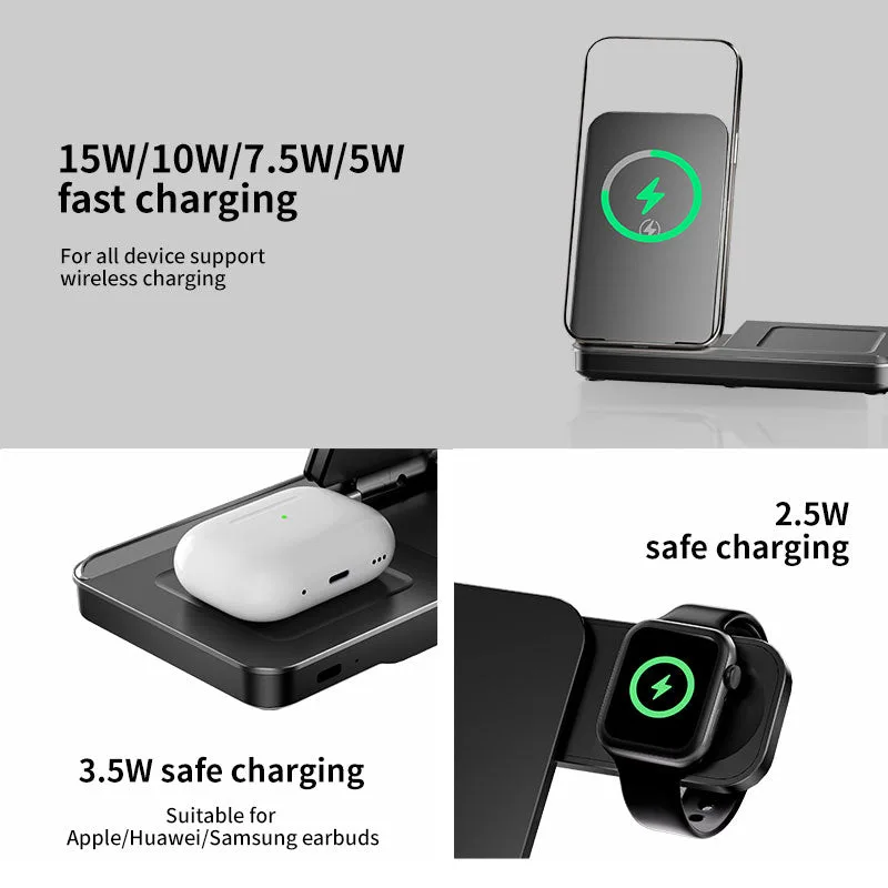 T13 Chargeur sans fil 3 en 1 Pliable 15W Double Bobine Chargeur d'induction de voyage de bureau pour Samsung/iPhone/écouteurs/iwatch — photo 5