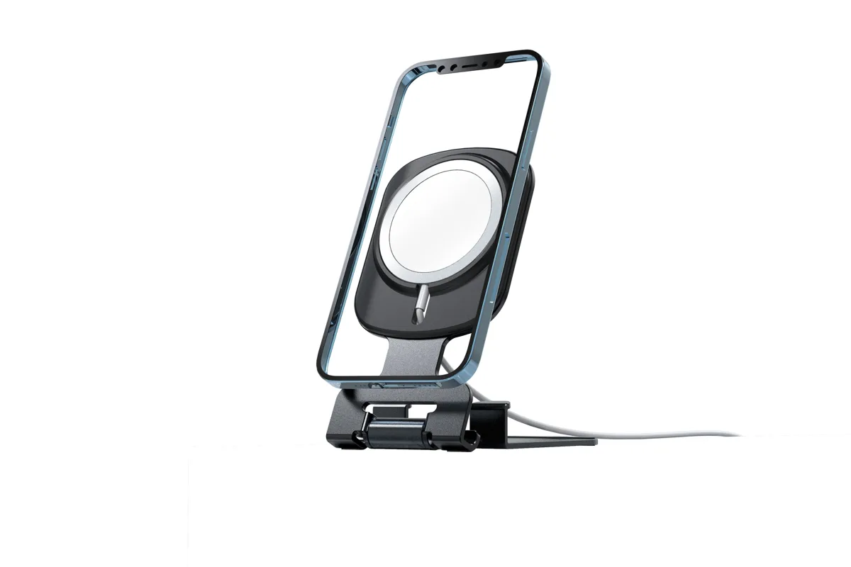 Soporte 2 en 1 OEM T2 para teléfono/tableta marco metálico plegable cargador inalámbrico MagSafe soporte de sobremesa para iPad