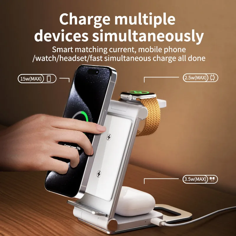 T8 Cargador inalámbrico 3 en 1 de doble bobina de aluminio plegable, cargadores inalámbricos de viaje de 15W para Samsung/iPhone — foto 3