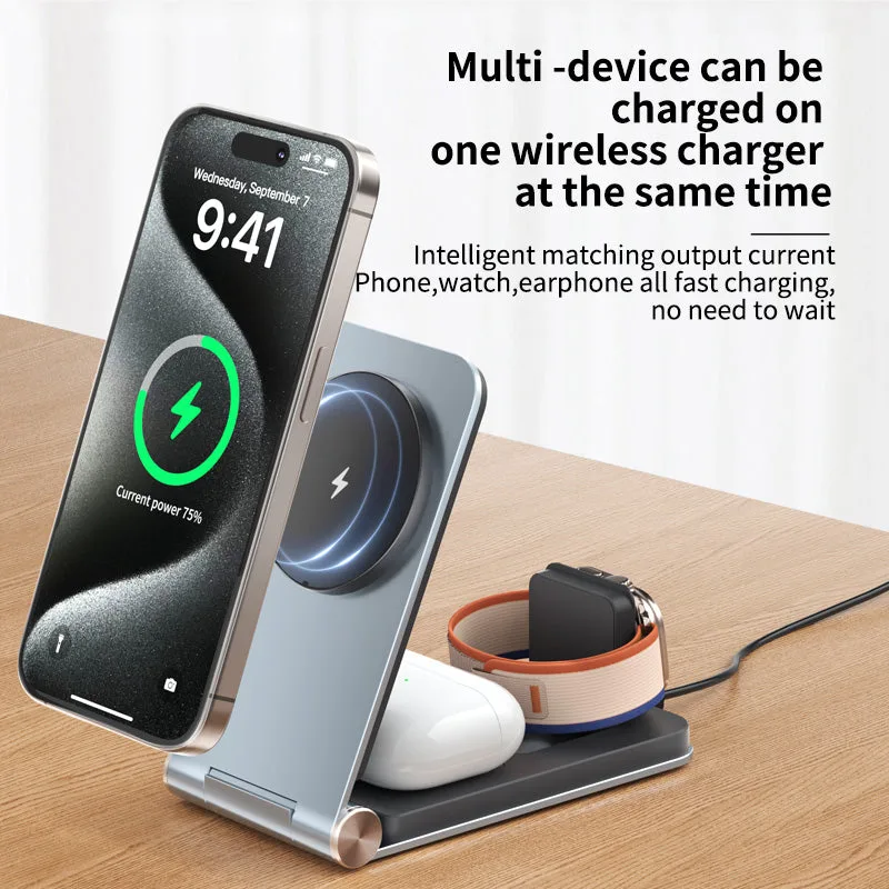 Chargeur sans fil MagSafe 3 en 1 de bureau/voyage T7, pad de charge à induction rapide 15W pour iPhone12/13/14/15/16 — photo 3