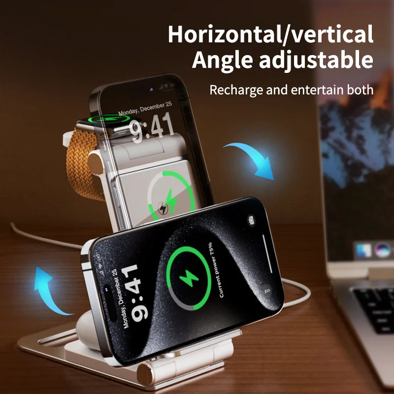 T8 Cargador inalámbrico 3 en 1 de doble bobina de aluminio plegable, cargadores inalámbricos de viaje de 15W para Samsung/iPhone — foto 4