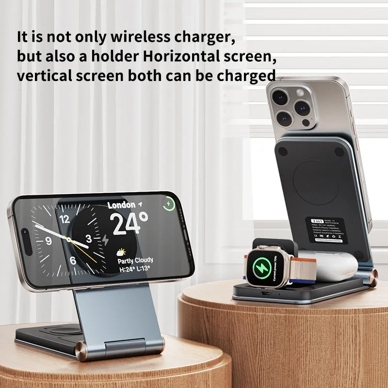 Chargeur sans fil MagSafe 3 en 1 de bureau/voyage T7, pad de charge à induction rapide 15W pour iPhone12/13/14/15/16 — photo 2