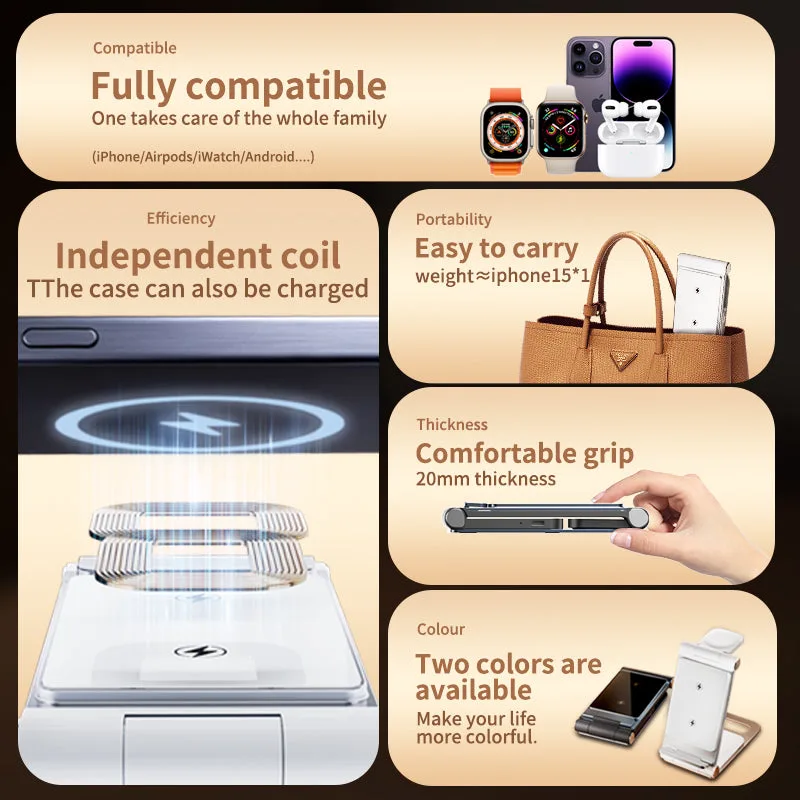 T8 Cargador inalámbrico 3 en 1 de doble bobina de aluminio plegable, cargadores inalámbricos de viaje de 15W para Samsung/iPhone — foto 5