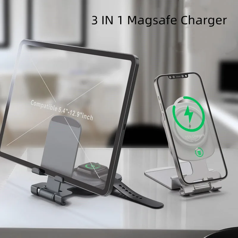 T4pro Cargador inalámbrico MagSafe 3 en 1 con soporte de escritorio plegable para móvil/tableta, soporte de carga rápida por inducción de 15W para iPhone/Apple watch — foto 2