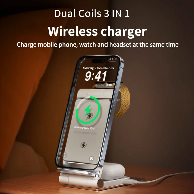 T8 Cargador inalámbrico 3 en 1 de doble bobina de aluminio plegable, cargadores inalámbricos de viaje de 15W para Samsung/iPhone — foto 2