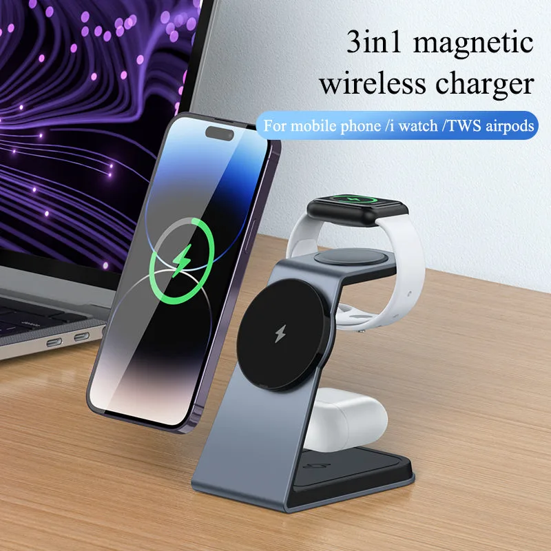 T3 Suporte Carregador sem Fio 3 em 1 Magnético Certificado Qi para iPhone12/13/14/15/16/Airpods/Apple Watch — foto 2