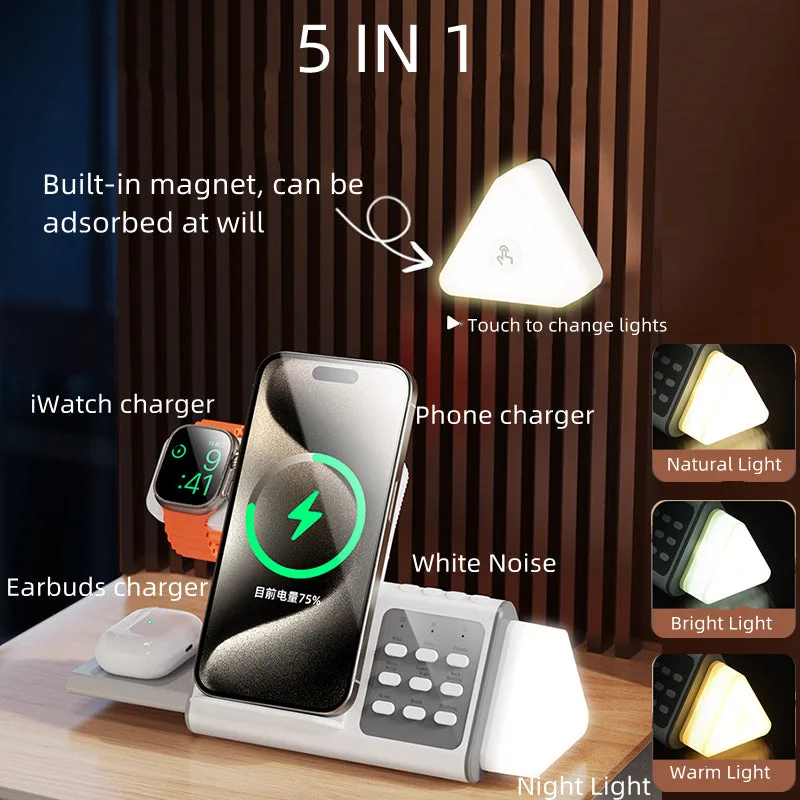 T12 5IN1 Nouveau Concept Bruit Blanc Chargeur sans fil avec Veilleuse LED Amovible, Station de charge rapide 15W Montre/Écouteurs — photo 2