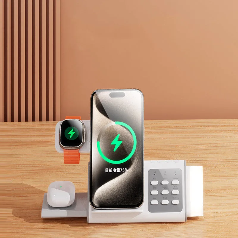 T12 5IN1 Nuevo Concepto Cargador Inalámbrico con Ruido Blanco y Luz Nocturna LED Extraíble, Estación de Carga Rápida de 15W para Reloj/Auriculares