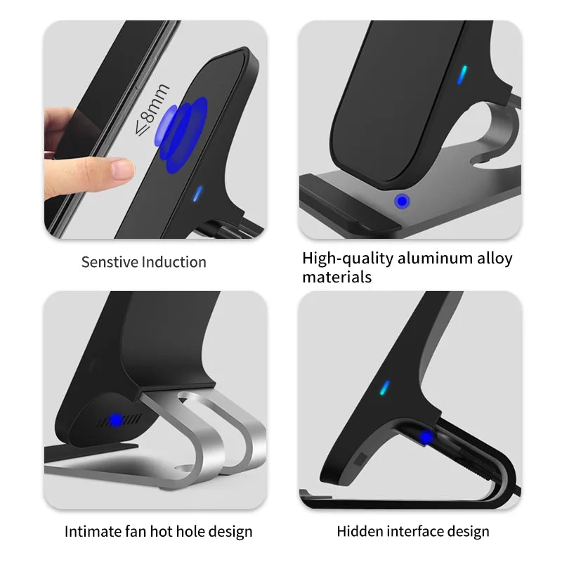 Cargador inalámbrico universal de doble bobina de aleación de aluminio, soporte de carga inalámbrica rápida de 15W para Android/iPhone/Samsung — foto 3