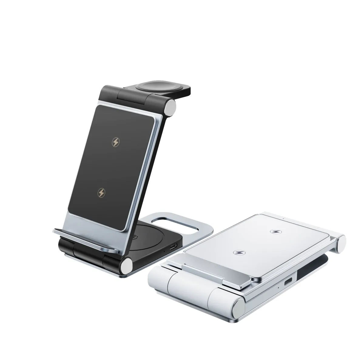 T8 Cargador inalámbrico 3 en 1 de doble bobina de aluminio plegable, cargadores inalámbricos de viaje de 15W para Samsung/iPhone