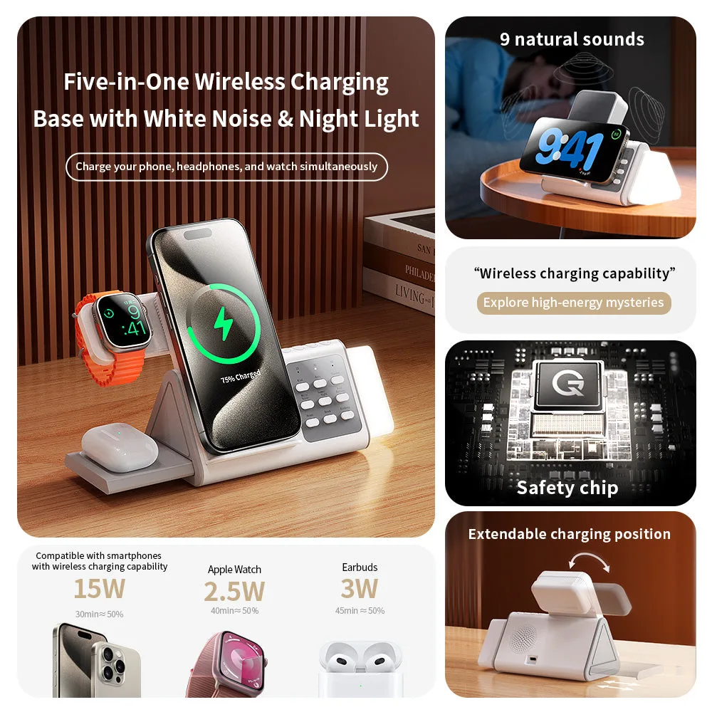 T12 5IN1 Nouveau Concept Bruit Blanc Chargeur sans fil avec Veilleuse LED Amovible, Station de charge rapide 15W Montre/Écouteurs — photo 4