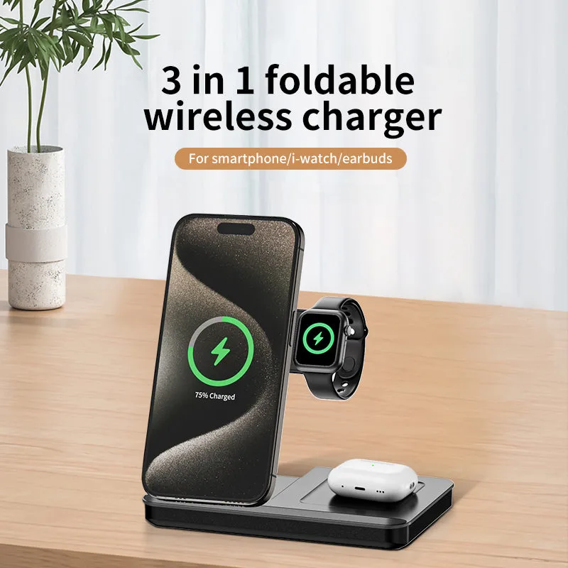 T13 Chargeur sans fil 3 en 1 Pliable 15W Double Bobine Chargeur d'induction de voyage de bureau pour Samsung/iPhone/écouteurs/iwatch — photo 2