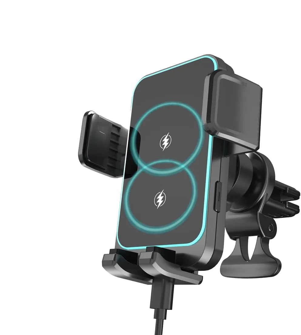 Support voiture W8 à double bobine 15W avec chargeur sans fil à prix économique, support de charge sans fil pour téléphone de véhicule, pour iPhone/Samsung