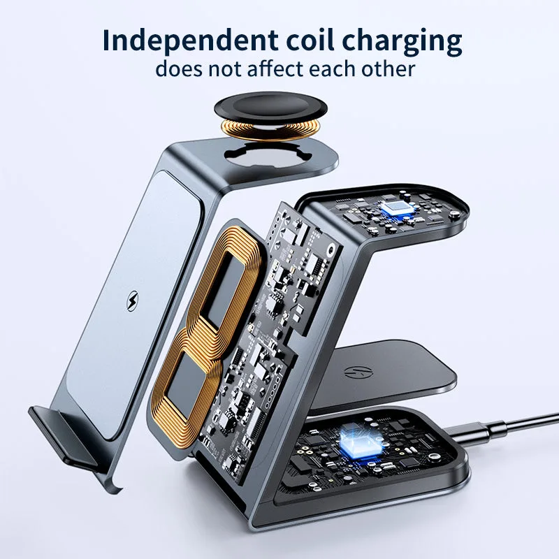 T6 Soporte cargador inalámbrico 3 en 1 con certificación Qi, cargador de escritorio de aluminio de doble bobina para Samsung para iPhone/Samsung — foto 5